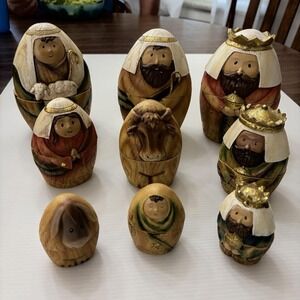 Vintage Resin Nativity Nesting Dolls 9 Piece Christmas Holy Family Wise Men Deco